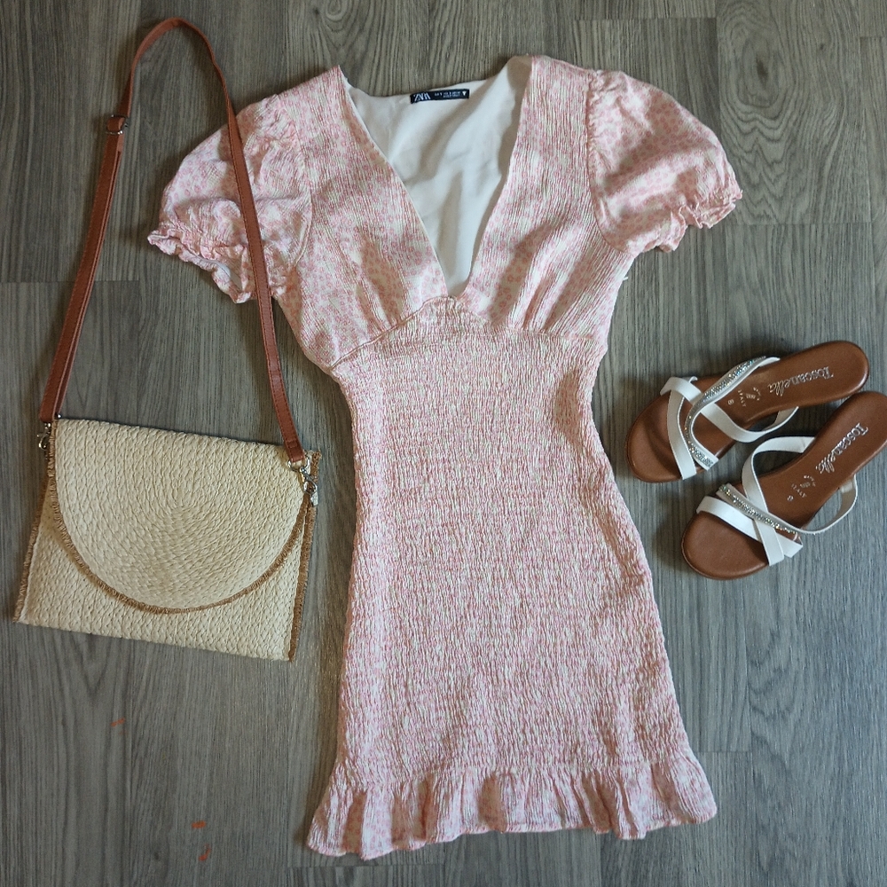 Zara Womens Textured Printed Dress S White Pink Floral Mini 4661/126